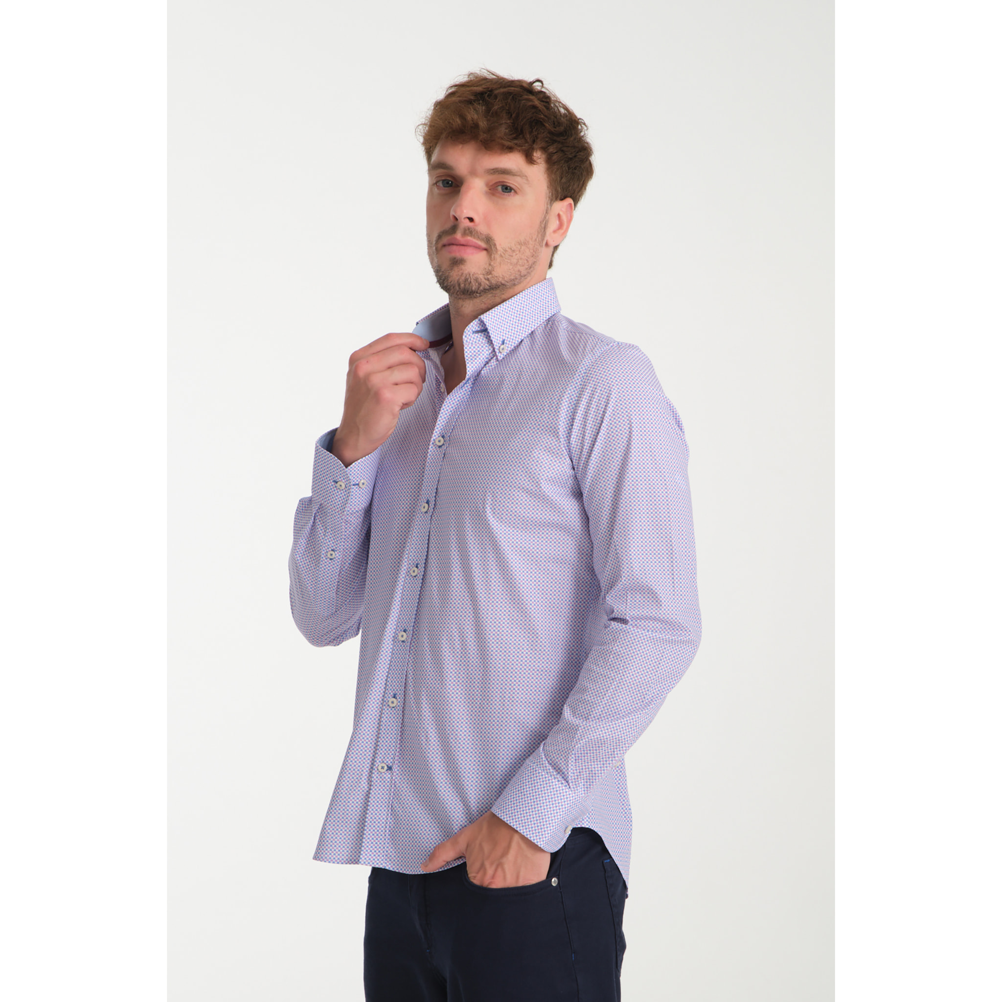 camicia uomo 1 bottone button down slim Popeline Stretch Stampato Light Blue Viola Ciclamino