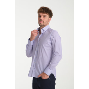 camicia uomo 1 bottone button down slim Popeline Stretch Stampato Light Blue Viola Ciclamino