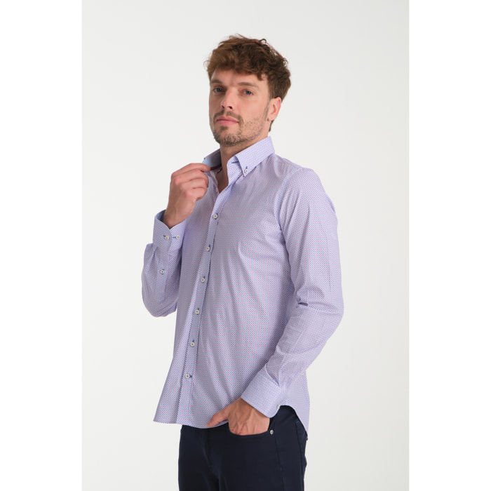 camicia uomo 1 bottone button down slim Popeline Stretch Stampato Light Blue Viola Ciclamino