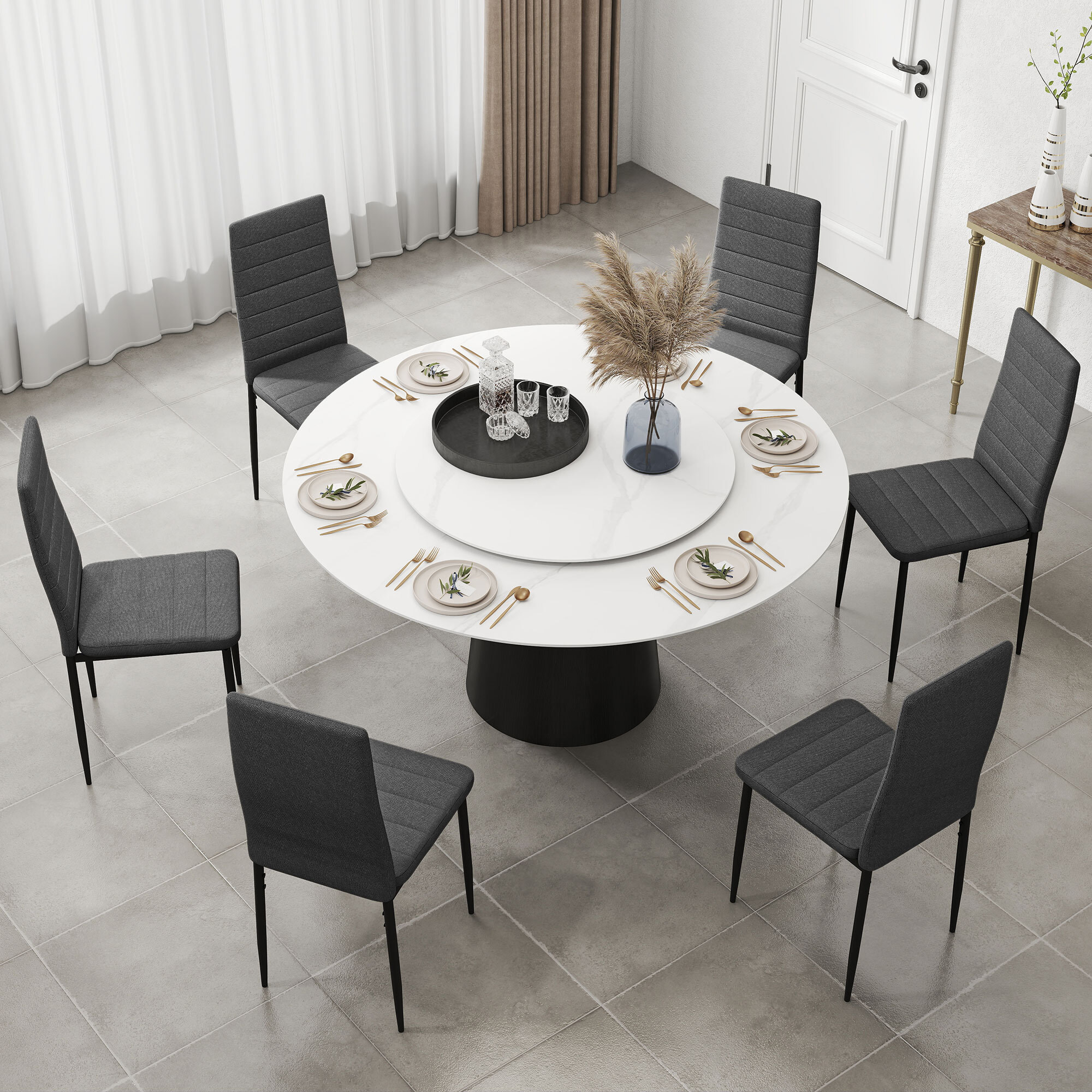 Pack de 6 Sillas de Comedor Modernas, Sillas de Cocina Tapizadas en Lino Sintético con Respaldo Alto y Patas de Metal, para Salón, Gris