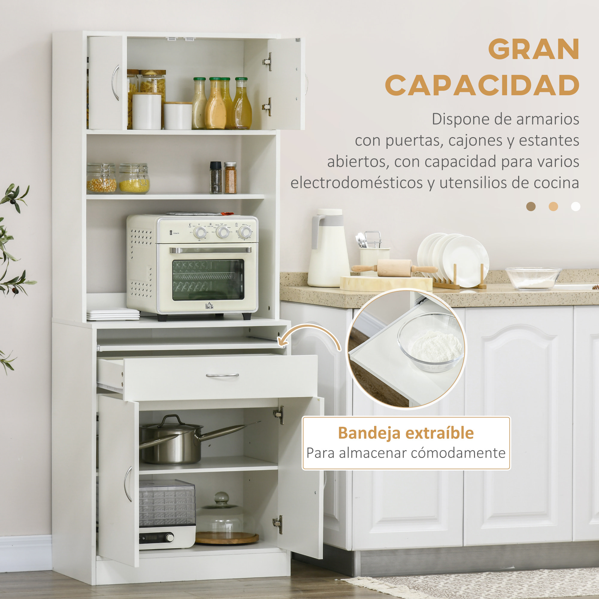 Alacena de Cocina Mueble Aparador Auxiliar con 4 Puertas Bandeja Extraíble Estante Ajustable Cajón y Encimera de Microondas Abierta 70x40x180 cm Blanco