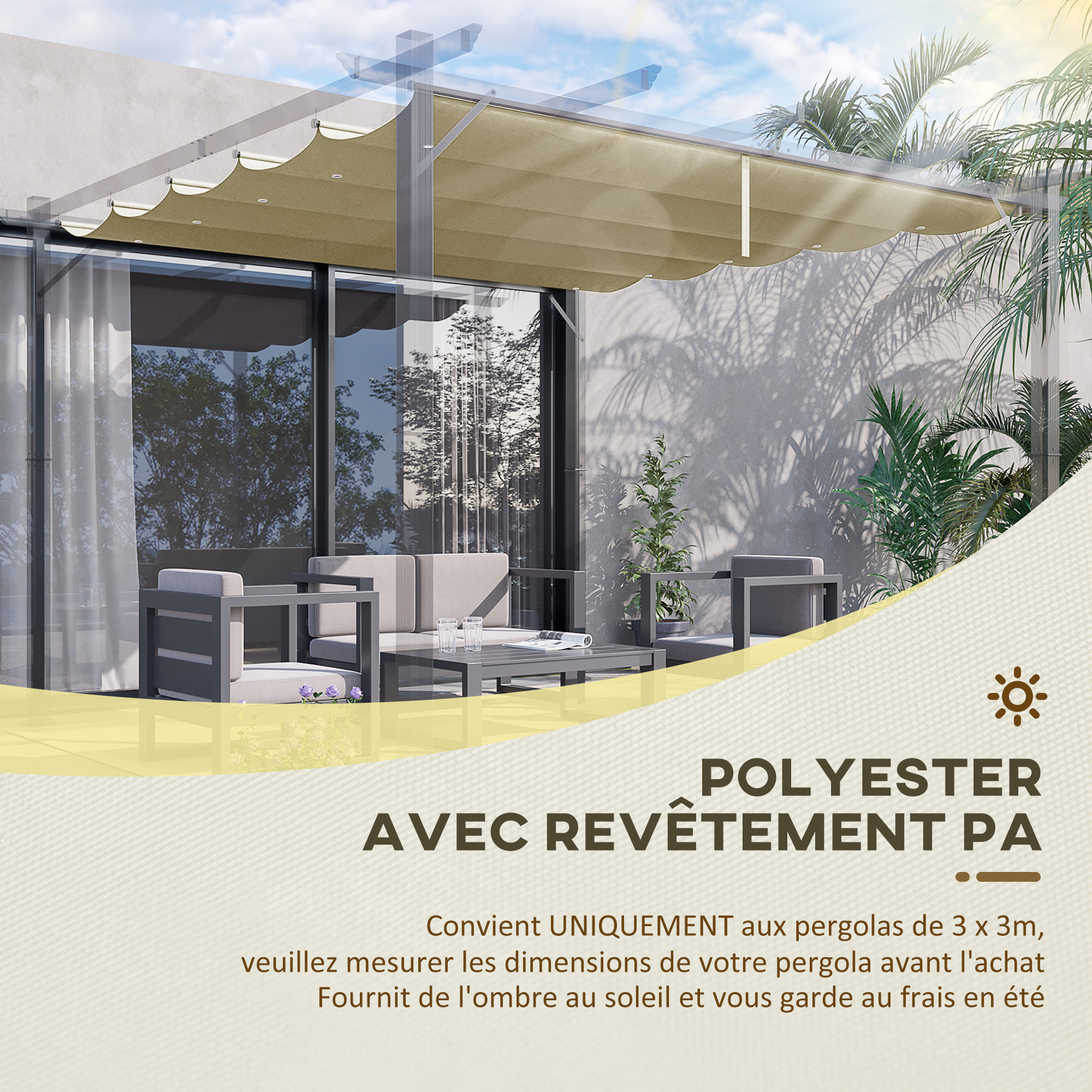 Toile de rechange pour pergola rétractable 3 x 3 m polyester haute densité 180 g/m² imperméabilisé beige