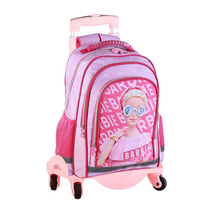 Barbie Deluxe mochila primaria doble compartimento + carro con protección lateral y stoper frontal, 4 ruedas multidireccionales.