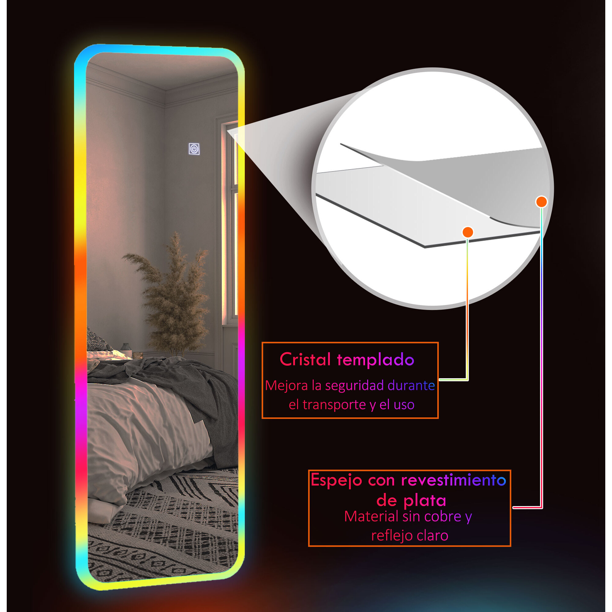 Espejo de Cuerpo Entero con Luces LED 120x40 cm Espejo Rectangular de Pared Ajustable con Iluminación de 7 Colores RGB y Función de Memoria para Dormitorio Vestidor