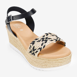 Sandalias de piel negras con cuña efecto de esparto