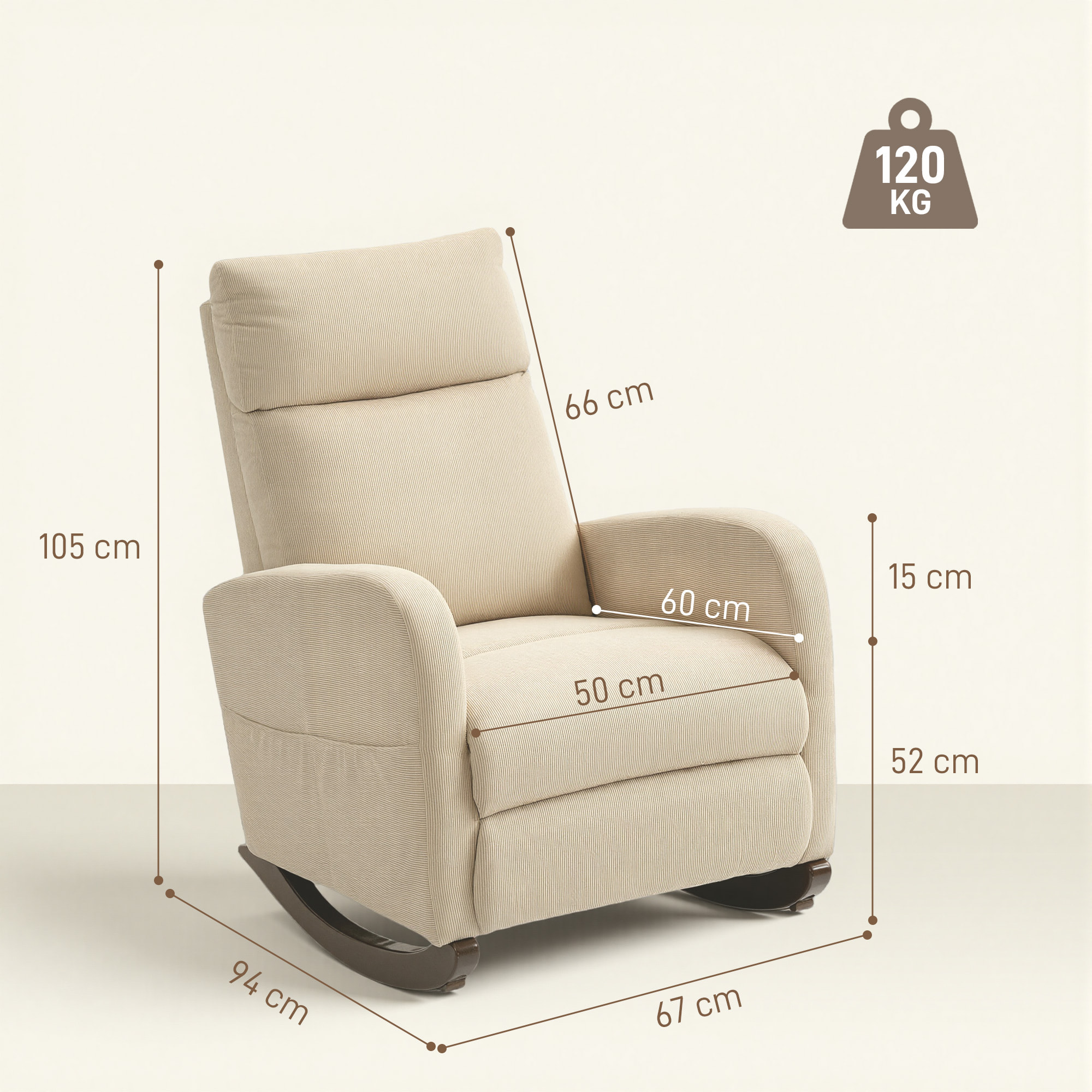 Silla Mecedora, Mecedora de Pana con Respaldo Alto, Patas de Madera de Caucho, Bolsillos, Reposabrazos, Estilo Moderno, Sillón de Lactancia, Carga 120 kg, para Dormitorio, Salón, Beige