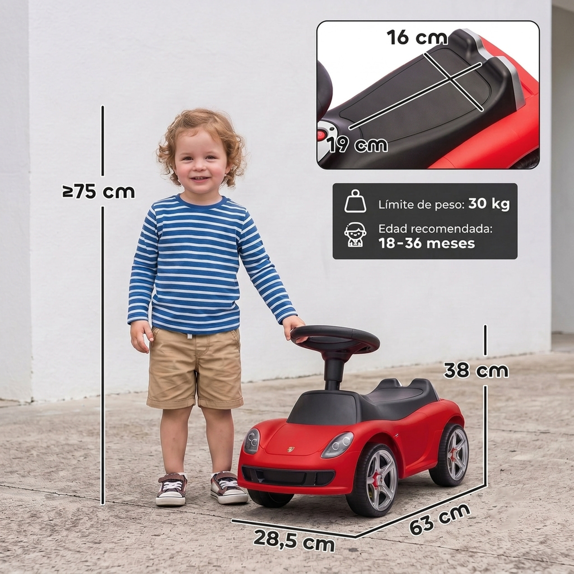 Correpasillos para Bebés de 18 a 36 Meses, Licencia de Porsche, Coche sin Pedales con 2 Faros, Bocina, Sonido de Arranque, para Interior y Exterior, 63x28,5x38 cm, Rojo