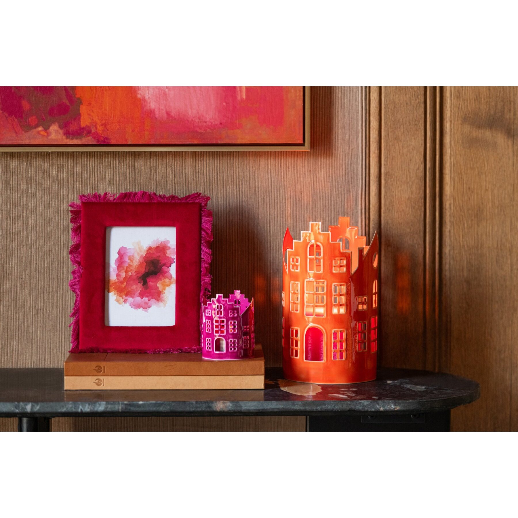 J-Line cadres photo franges - MDF - bordeaux/fuchsia - small - assortiment de 2