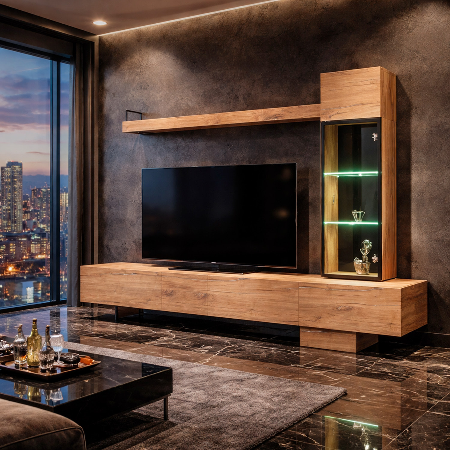Parete Attrezzata Soggiorno Mobile Tv Colonna Vetrina Led Mensola Moderno Living Arredo Casa Contenitore Resistente Salvaspazio 240x 170x 40 Cm Rovere
