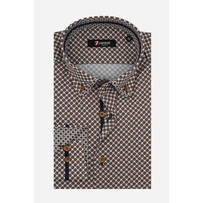 Camicia Uomo 1 Bottoni Button Down Slim Popeline Stampato bianco e marrone chiaro