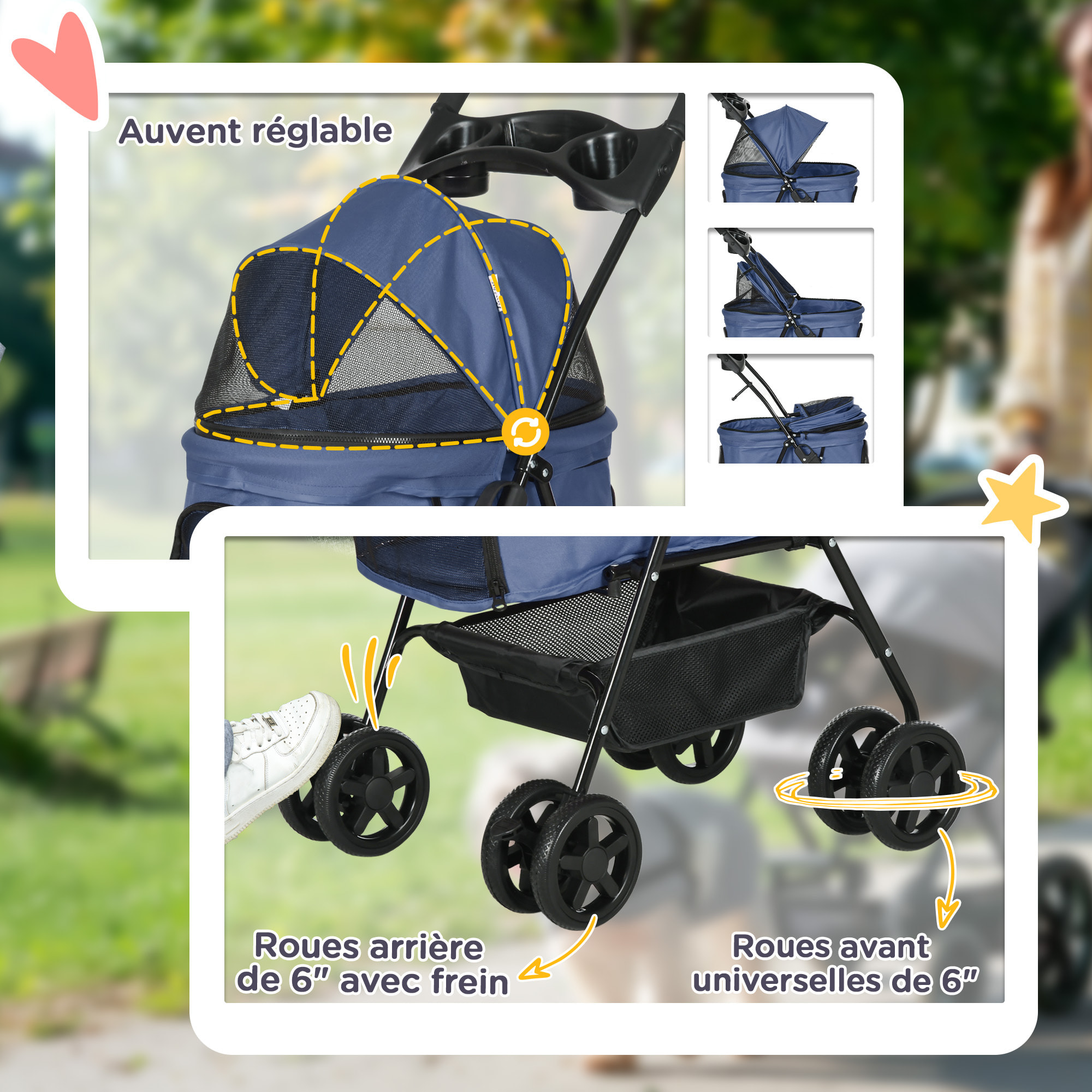Poussette buggy pliable chien chat panier rangement porte-gobelets tissu 300D Oxford imperméable 4 roues bleu