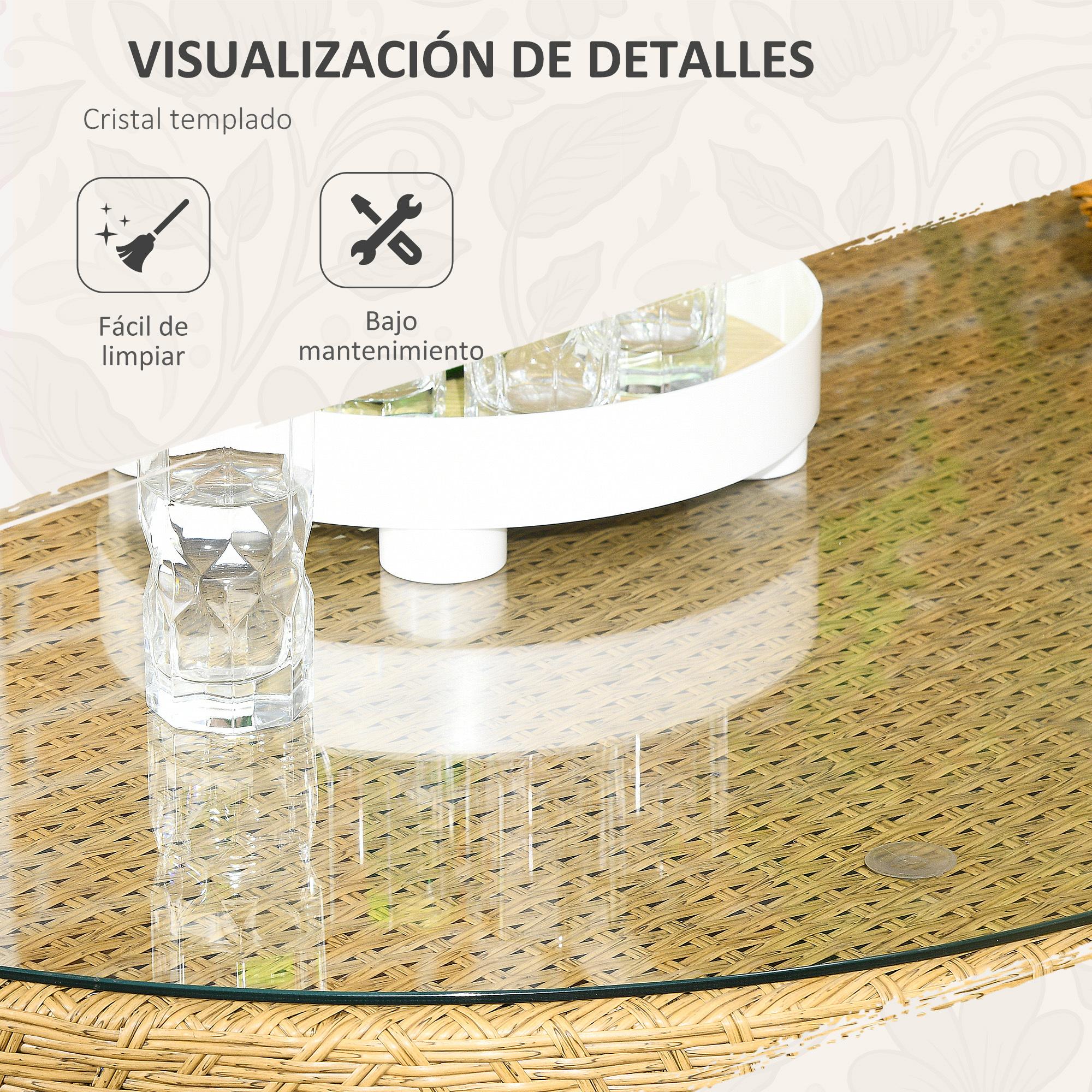 Conjunto de Jardín de Ratán Sintético Juego de Muebles de Jardín Exterior de Ratán de 7 Piezas Incluye 6 Sillas con Cojines y Mesa de Vidrio Templado Natural