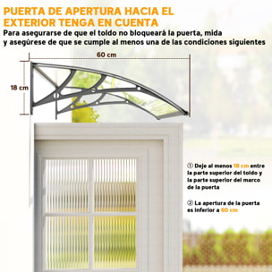 Marquesinas Exterior para Puertas y Ventanas, 110x60 cm, Tejadillo de Protección contra Sol y Lluvia, con Cubierta de Policarbonato, Soportes de PP y Regleta de Aluminio, Gris y Transparente