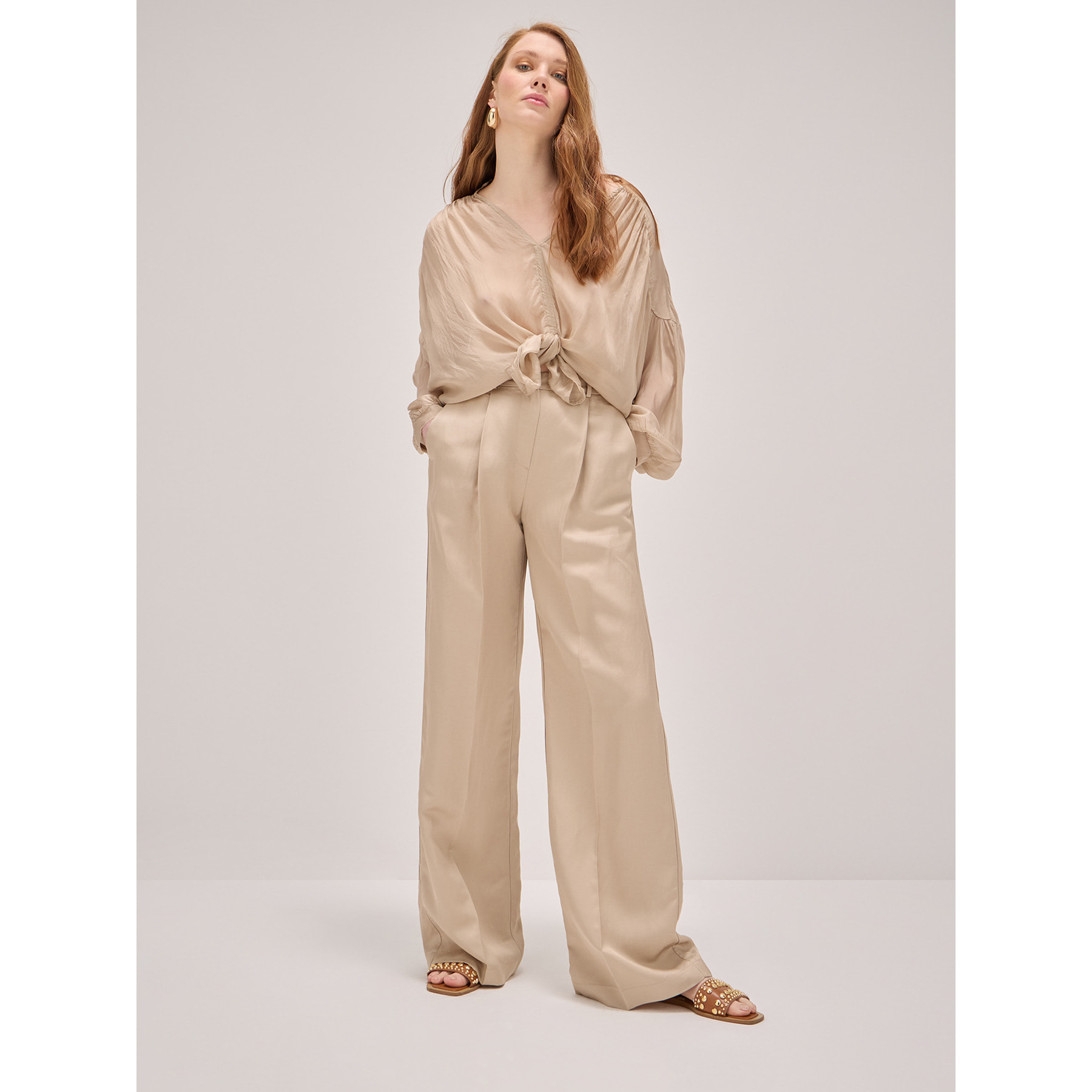 Oltre - Pantalones wide leg mezcla de lino - Beige