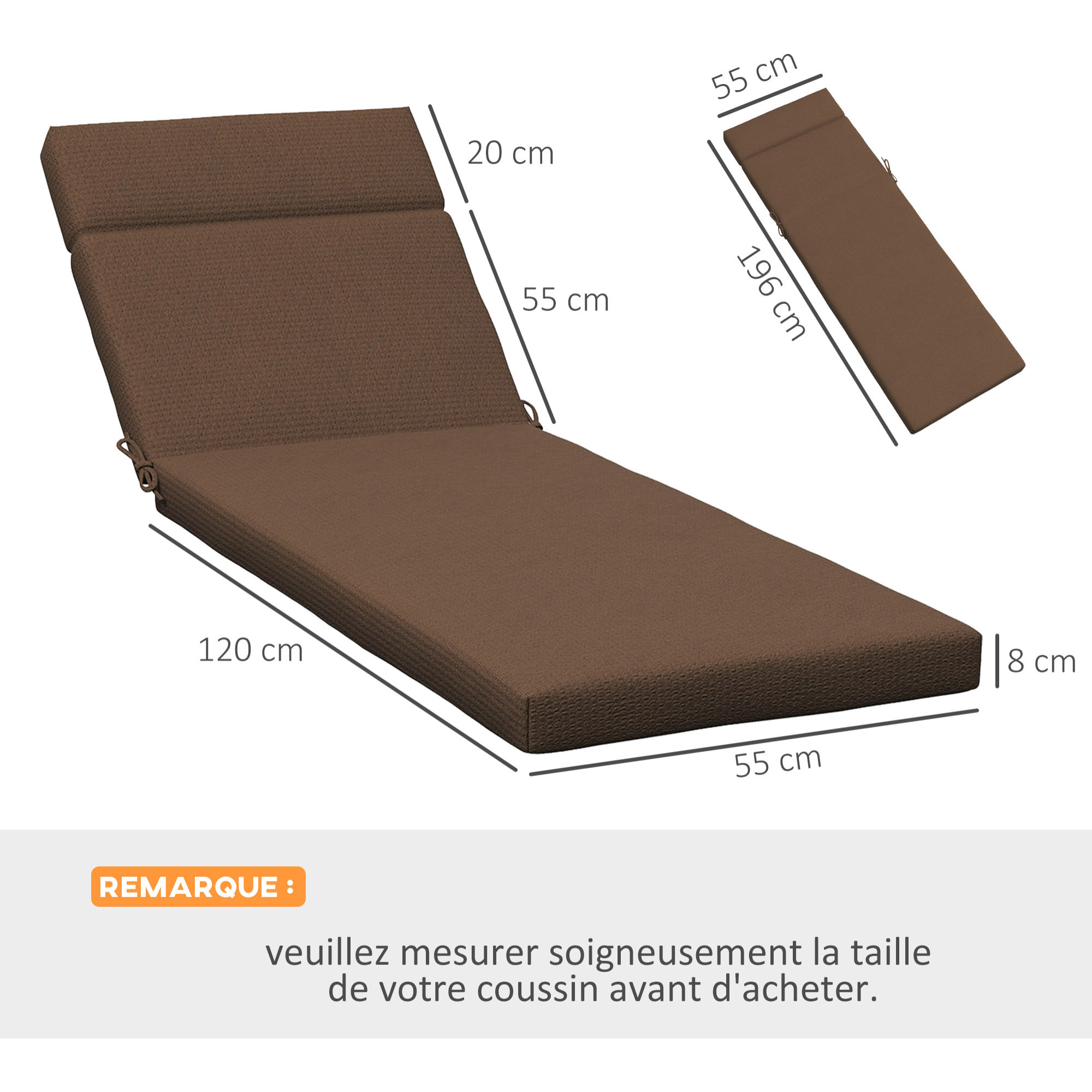 Lot de 2 matelas pour bain de soleil transat - cordons et velcros d'attache - dim. 196L x 55l cm ép. 8 cm - polyester déperlant marron