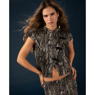 Top quipao con cuello mao con cierre de alamares de mujer