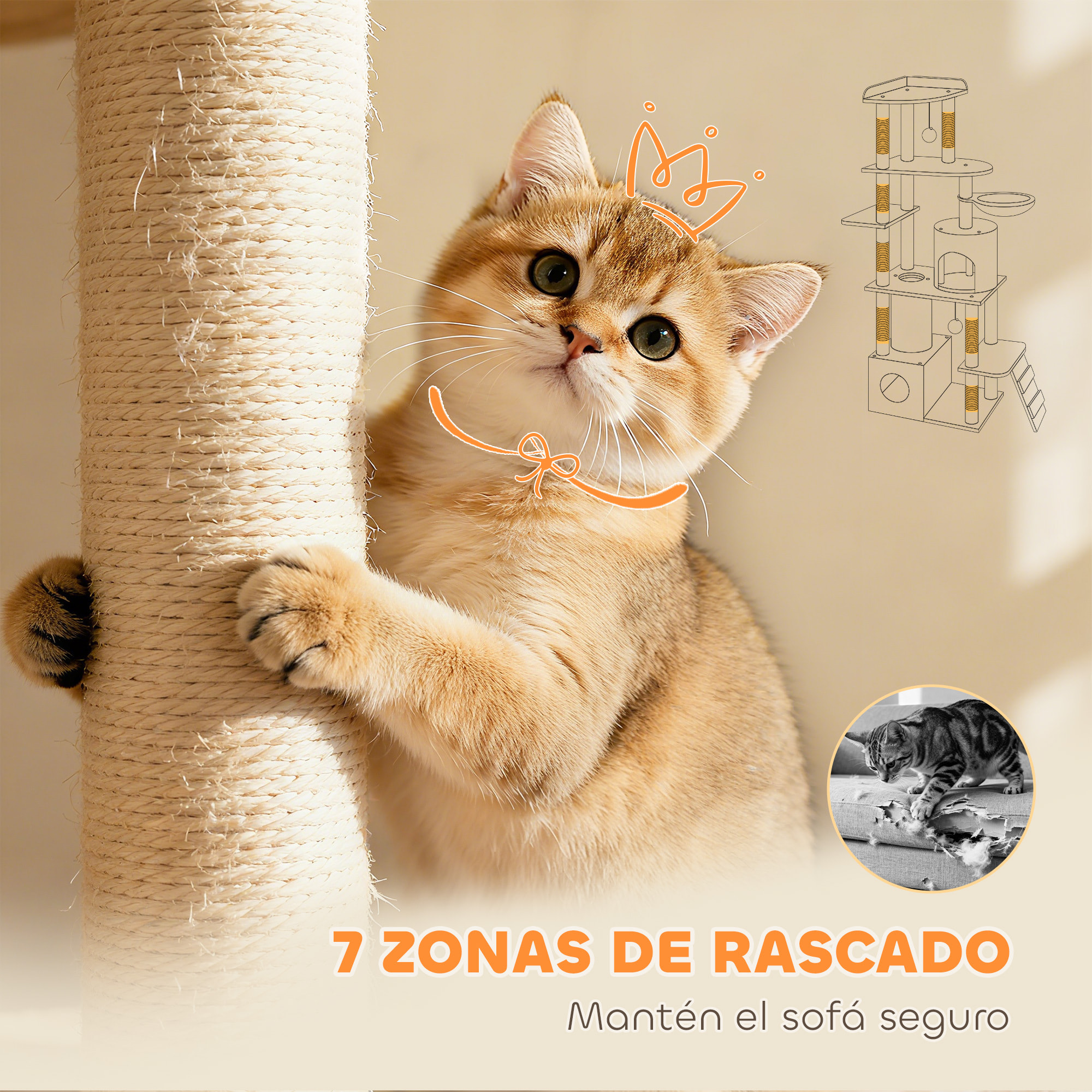 Árbol Rascador para Gatos Grande, Árbol para Gatos, Altura 170 cm, Torre de Escalada con 7 Postes, 1 Túnel, 3 Plataformas, 2 Cuevas, 1 Hamaca, 1 Percha, 1 Rampa, Pompones, Gris Claro