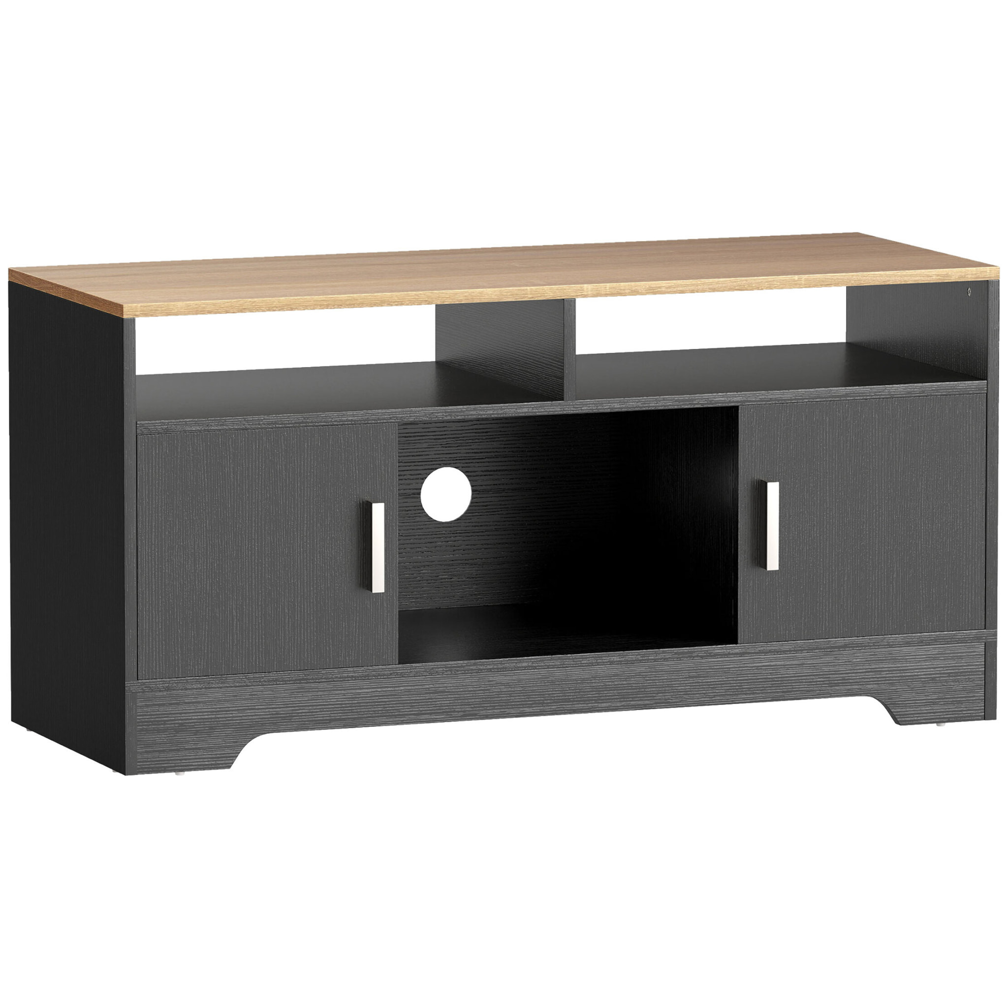 Meuble TV banc TV compact 2 portes 3 niches dim. 105 x 40 x 52 cm effet bois clair noir