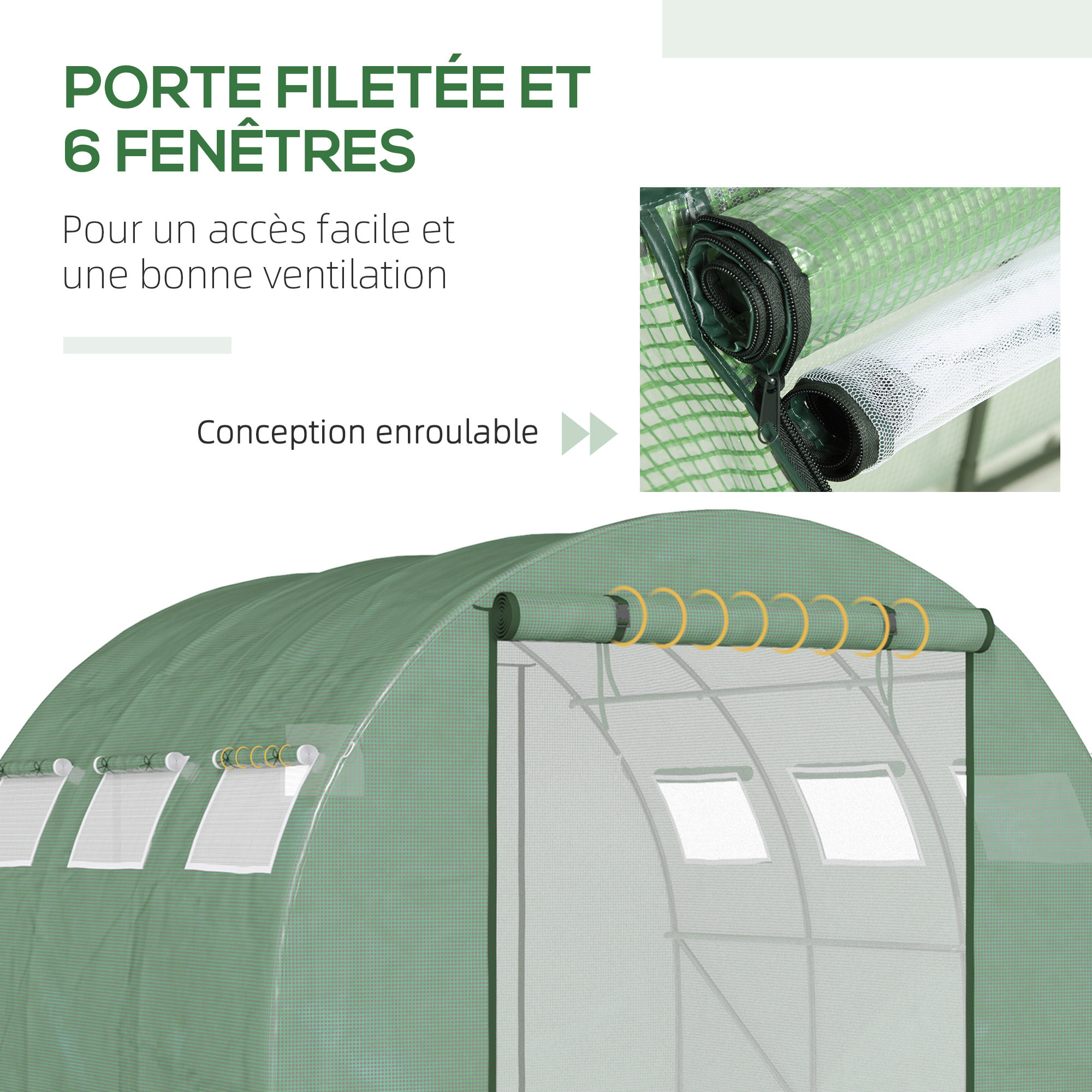 Serre tunnel de jardin grande taille dim. 3L x 2,95l x 1,97H m - 6 fenêtres, porte zippée enroulable - acier galvanisé PE haute densité vert