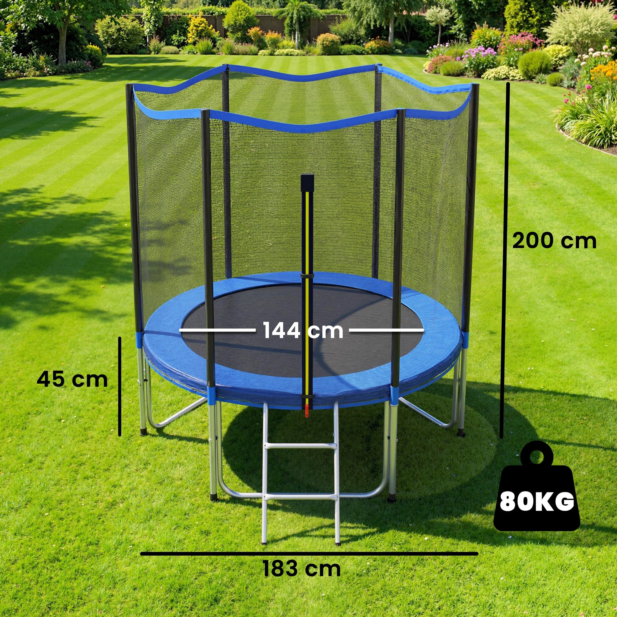 Cama Elástica para Niños Exterior Ø183 cm, Trampolín para Niños de +6 Años con Red de Seguridad, Escalera, Acolchado de Muelles y Marco de Acero Galvanizado, Carga 80 kg