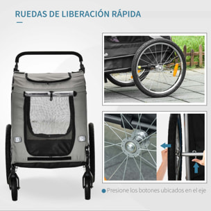 Remolque de Bicicleta Perros 2 en 1 Carrito Transporte para Mascotas con Puertas Enrollables Ventanas Cinturón de Seguridad Bandera y 6 Reflectores 140x72,5x108 cm Gris