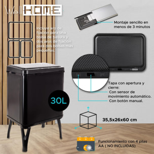 Well home - cubo de basura inteligente con apertura automática y contacto manual 30l, 35,5x26x60cm color negro.