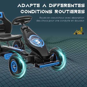 Kart à pédales enfant Go kart Formule 1 Racing Super Power 5 aileron avant pneus gonflables caoutchouc noir bleu