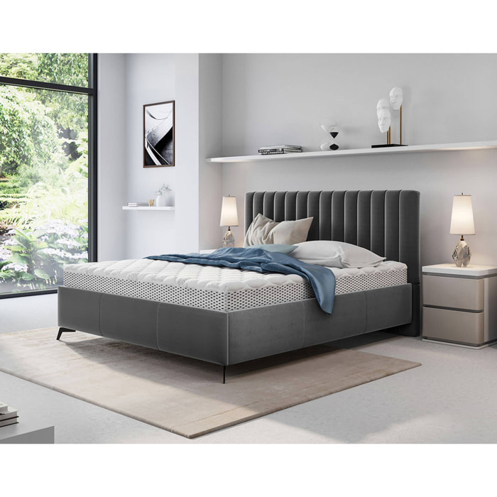 Mendoza - lit coffre - 160x200 - sommier inclus - en velours - Gris