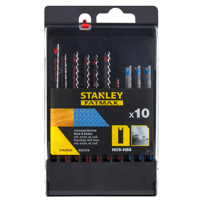 Stanley Coffret de 10 lames de scie sauteuse : 7 lames bois HCS et 3 lames métal HSS. Attache en U STA29230-XJ