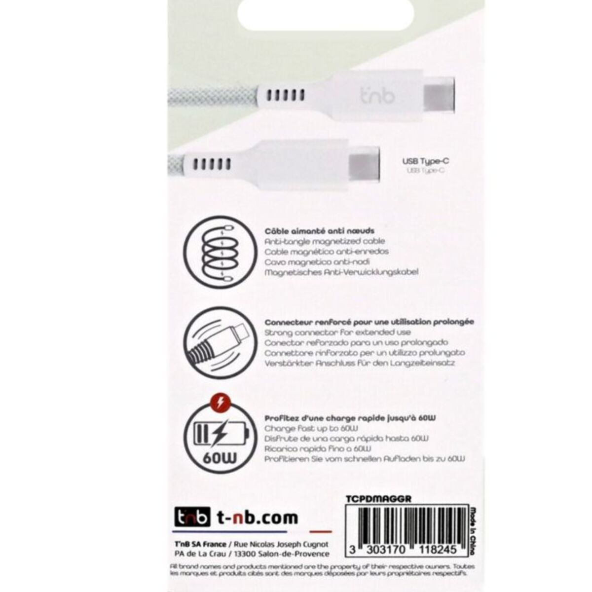 Câble de charge TNB USB-C/USB-C 1.5m gaine aimantée vert