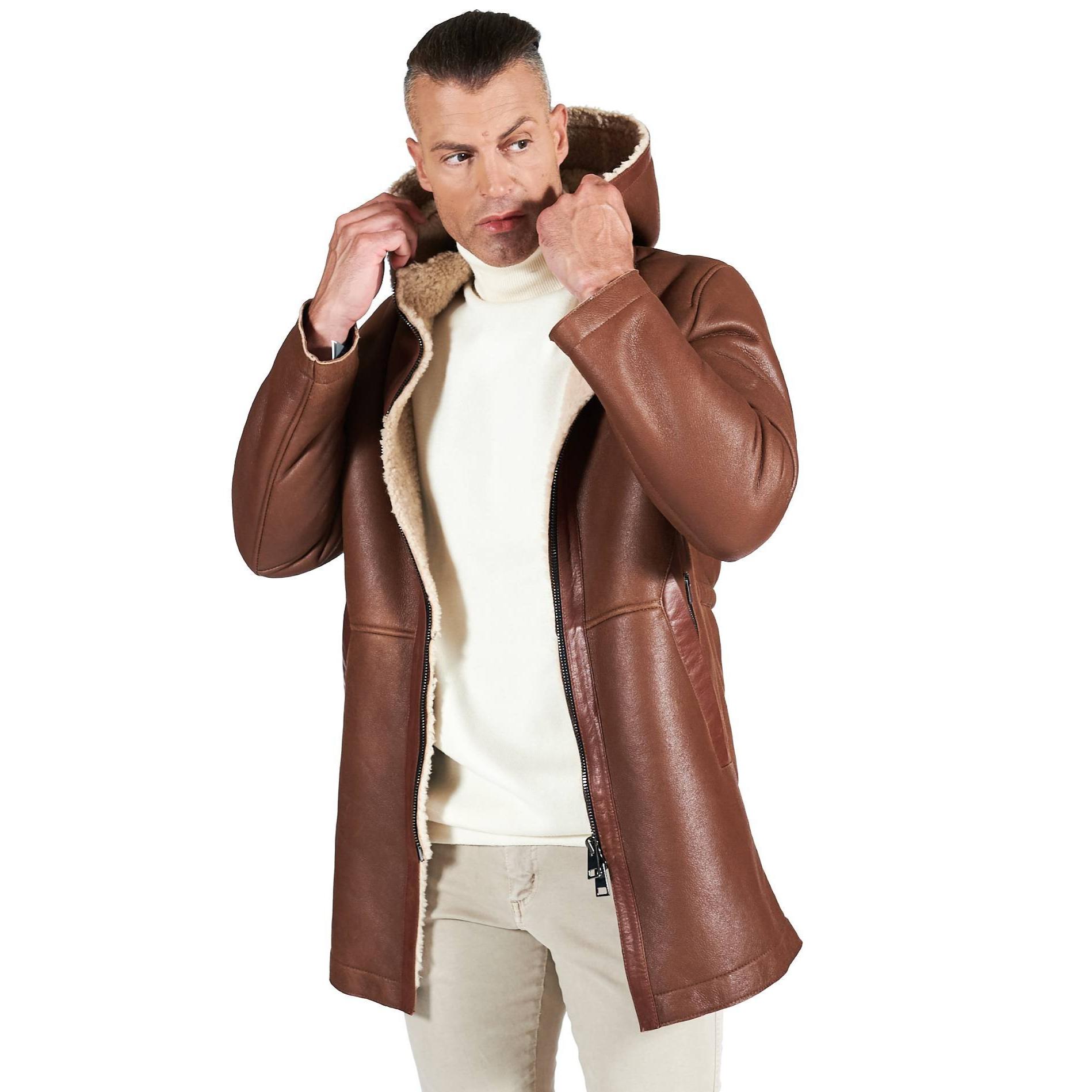 Cappotto montone cuoio Shearling uomo cappuccio staccabile