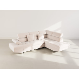 Margaux - Canapé d'angle droit 5 places convertible avec coffre et têtières réglables en velours texturé - Beige