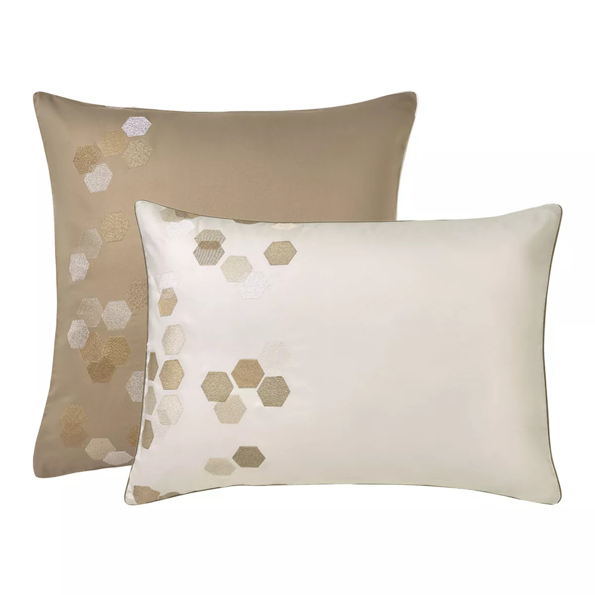 Taie d'oreiller satin de coton brodé beige Hexagones angora