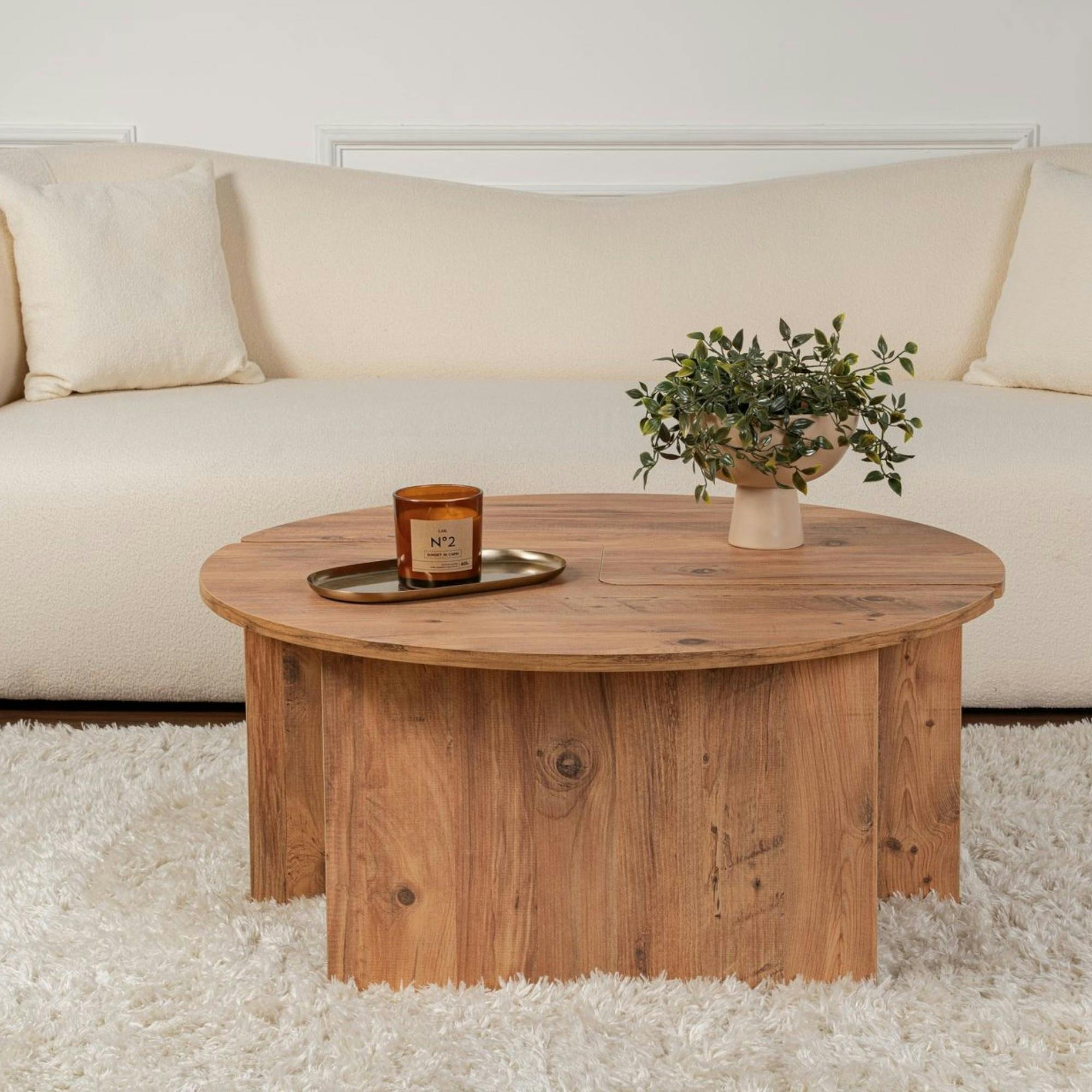 Table basse ronde effet bois de pin – design puzzle MARFA