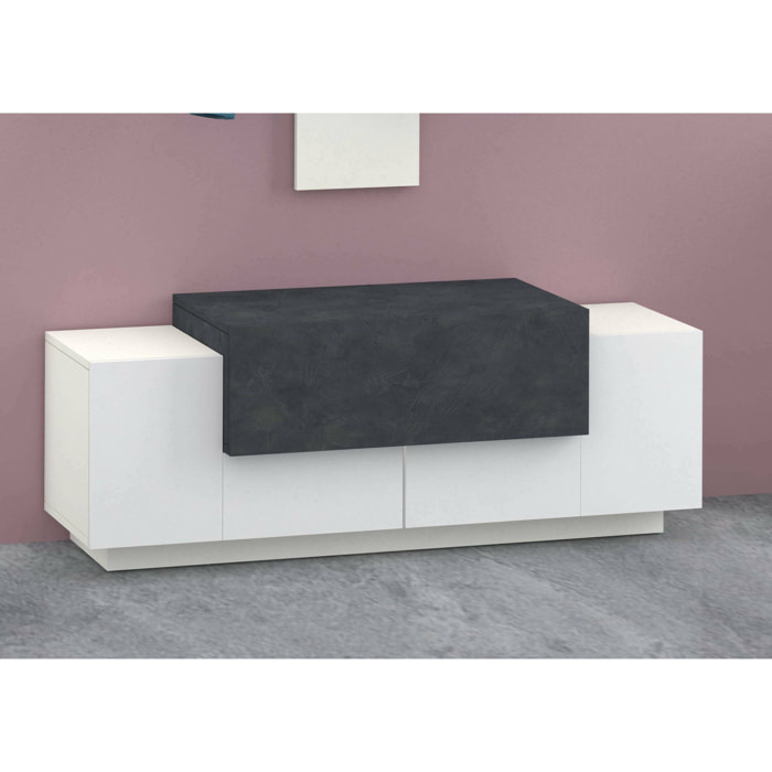 Mobile da ingresso a 3 ante, Made in Italy, Credenza da soggiorno, Porta TV, cm 120x45h46, colore Bianco lucido e Grigio Cenere