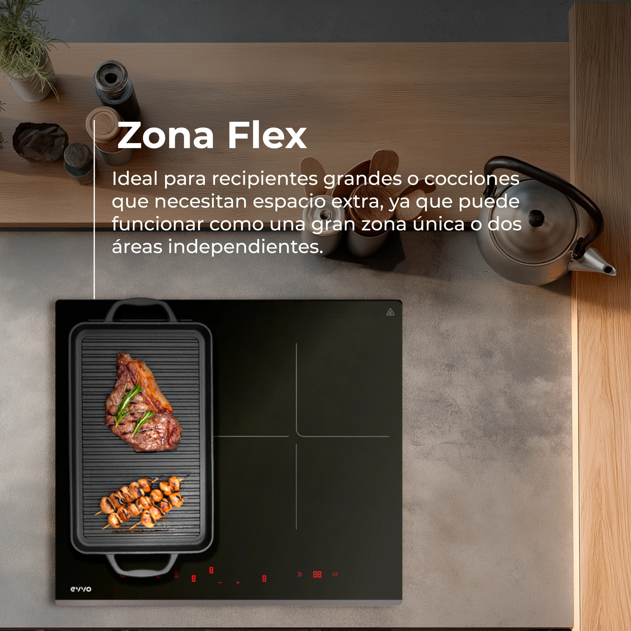 Placa de Inducción EVVO V62, 4 zonas (incluye zona flexible), 7200W, Booster, control táctil, cristal negro
