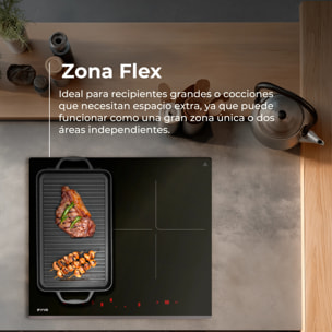 Placa de Inducción EVVO V62, 4 zonas (incluye zona flexible), 7200W, Booster, control táctil, cristal negro