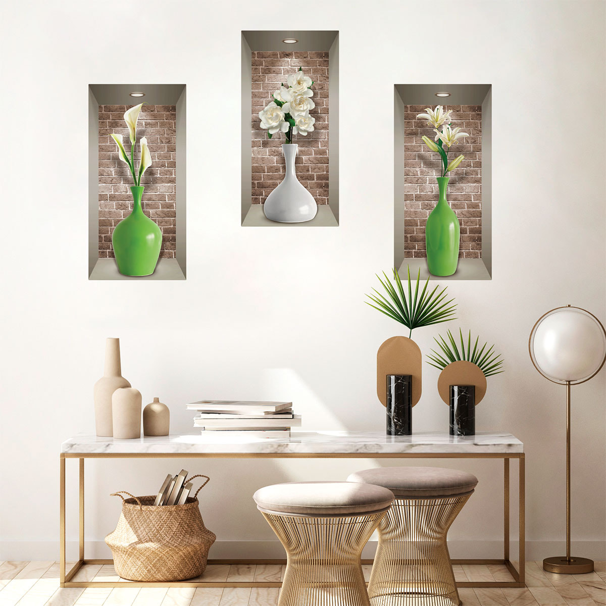 Stickers muraux 3D | Sticker Mural Autocollant effet 3D vases et fleurs blanches - Stickers adhésifs 3D Chambre Salon Trompe l'oeil