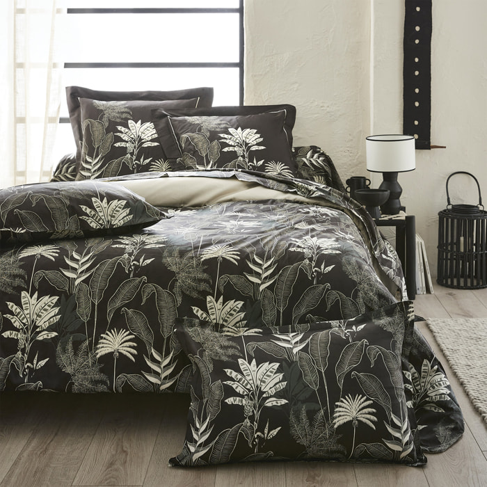 Housse de couette en satin aux feuilles tropicales - Gris anthracite