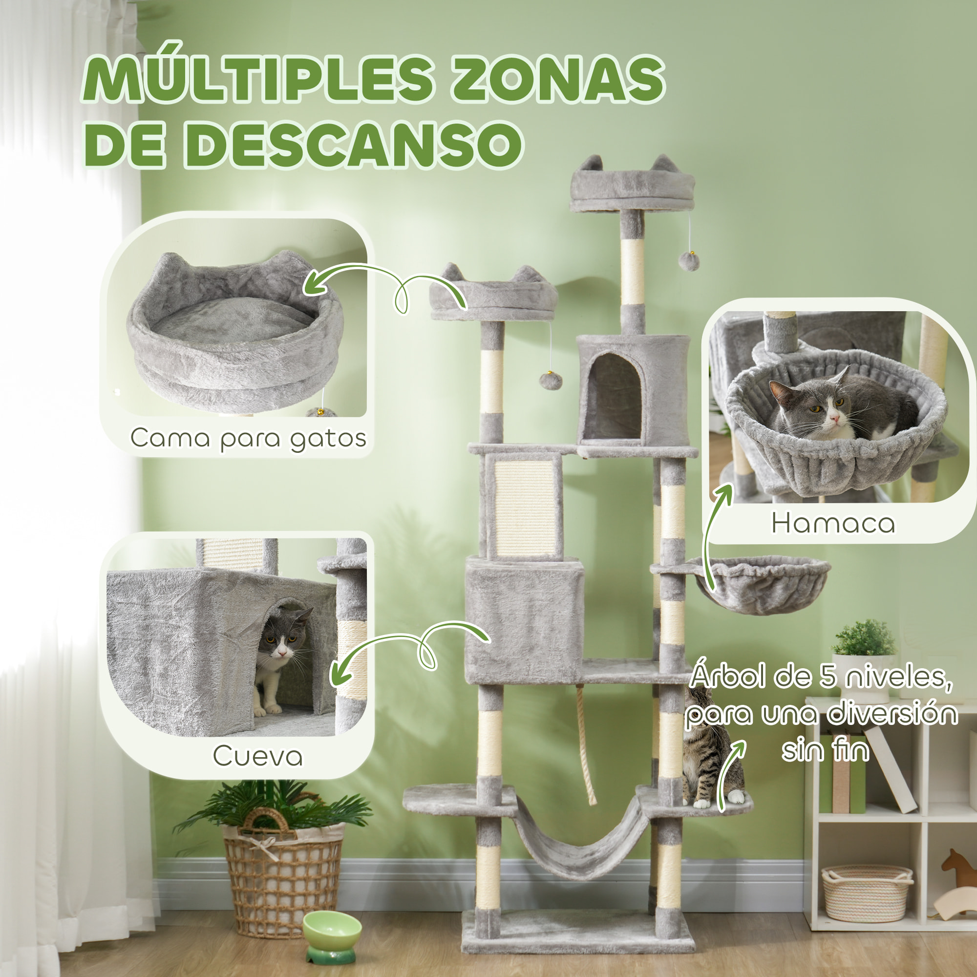 Árbol Rascador para Gatos Grande Altura 206 cm Árbol para Gatos Torre para Gatos con Plataformas Cuevas Bolas Colgantes y Hamacas Gris Claro