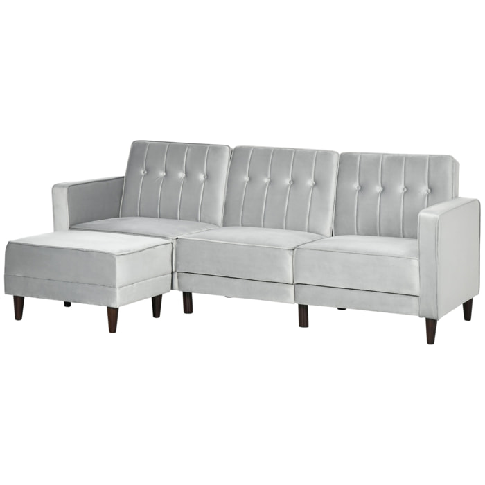 Sofá Cama con Chaise Longue de 3 Plazas Convertible con Reposapiés Movible Respaldo Ajustable y Reposabrazos Tacto Aterciopelado 218x85x86 cm Gris Claro