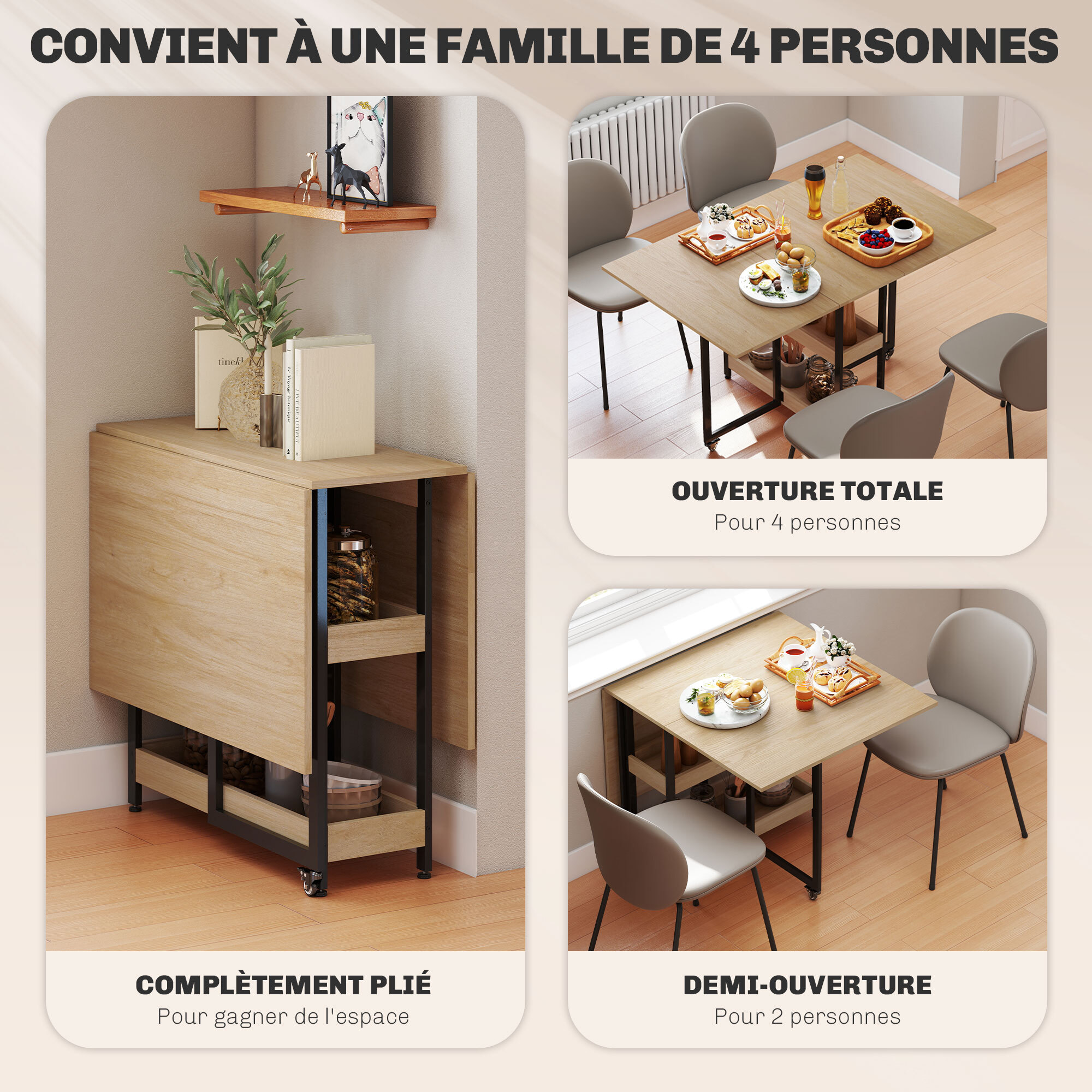 Table de cuisine rabattable - table à manger pliable 2-4 personnes - étagères - métal noir effet bois