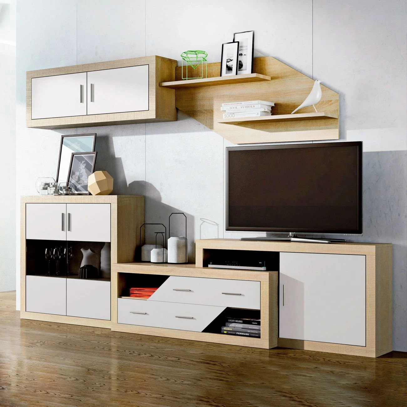 Módulo alto 2 puertas con almacenamiento oculto en cambria y blanco 130 cm Nuka Cambria - Blanco