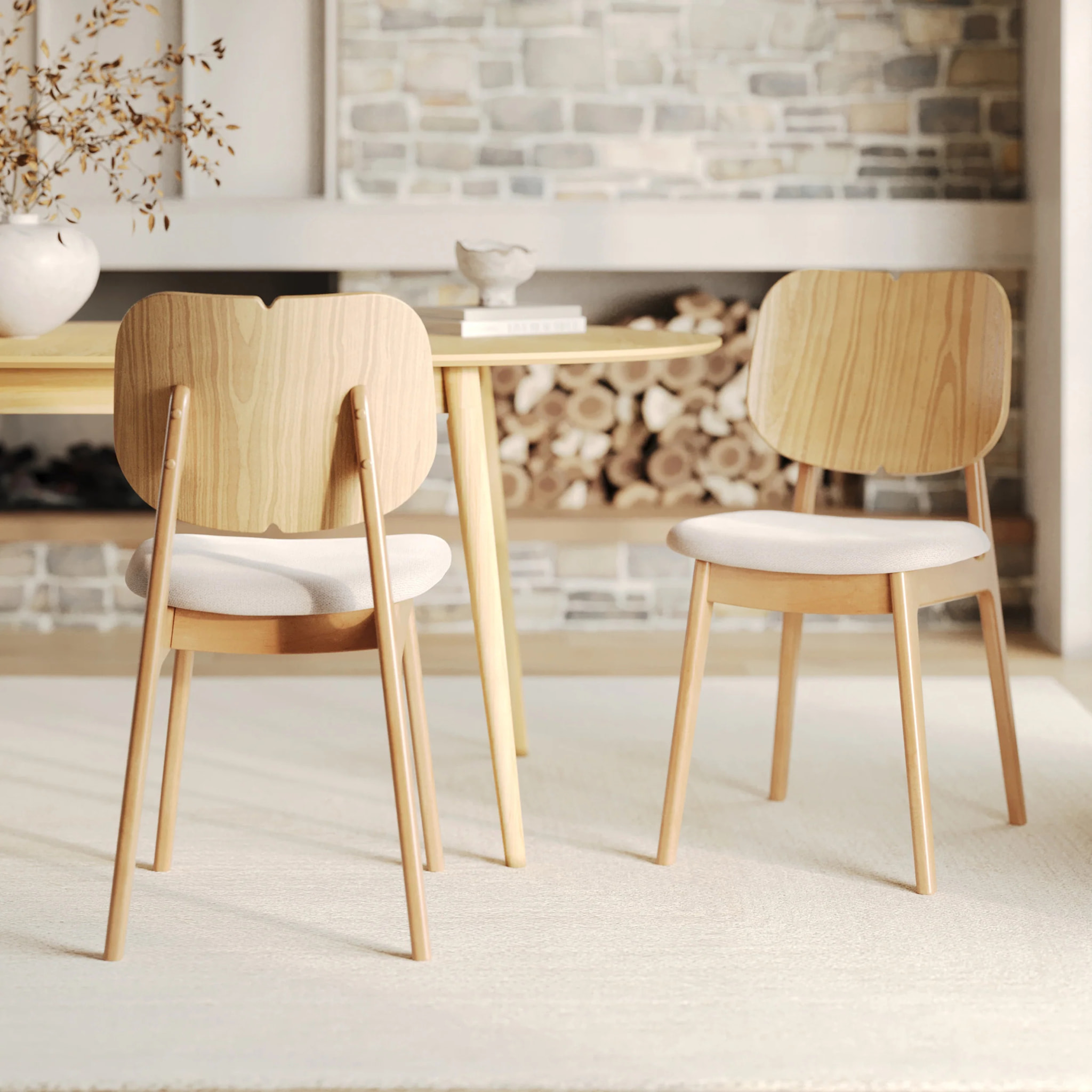 Lot de 2 chaises en bois clair et tissu beige - Clyde