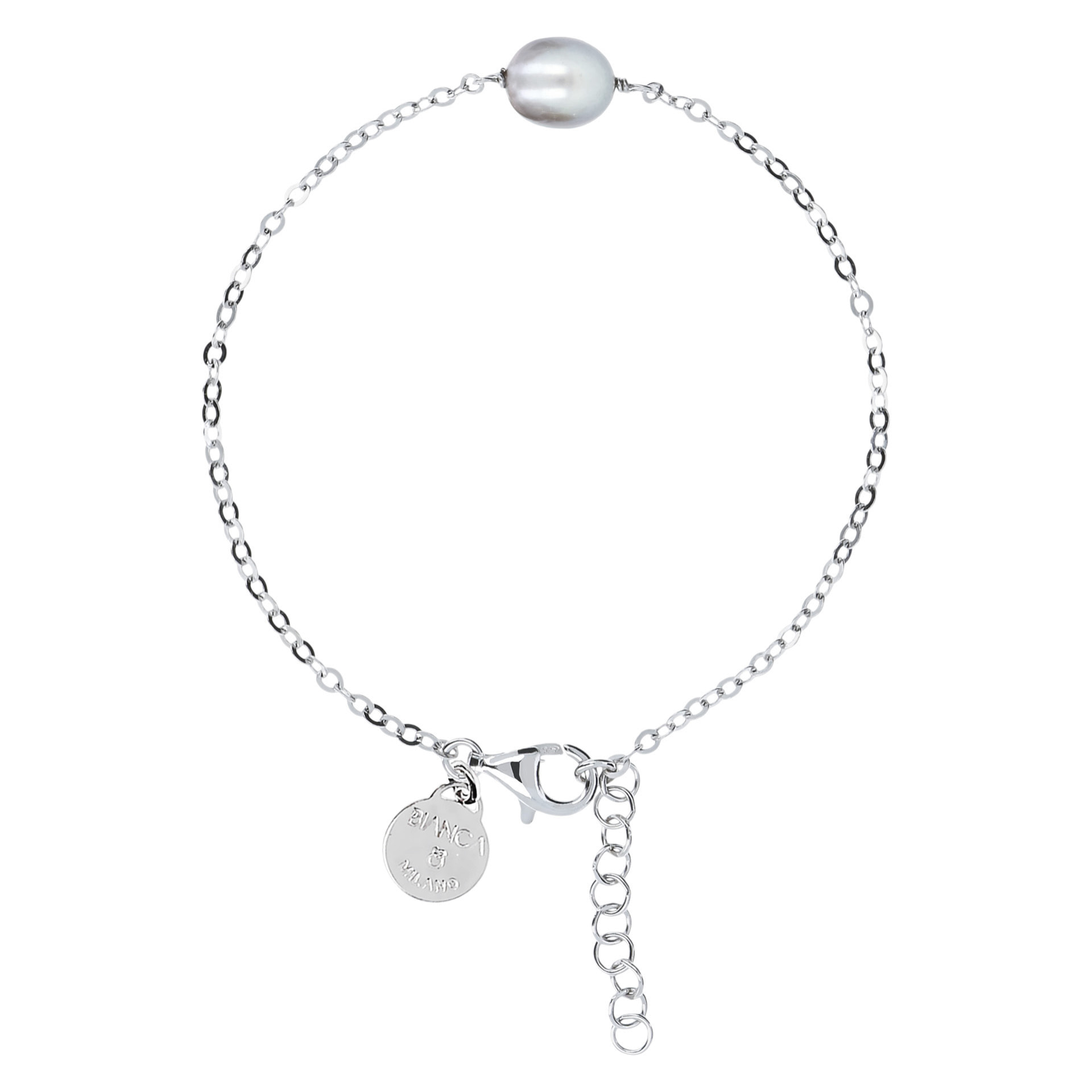 PERLAVIVA - Bracciale Catena Rolo in Argento 925 placcato Platino con Perla d'Acqua Dolce Grigia Ø 7/8 mm