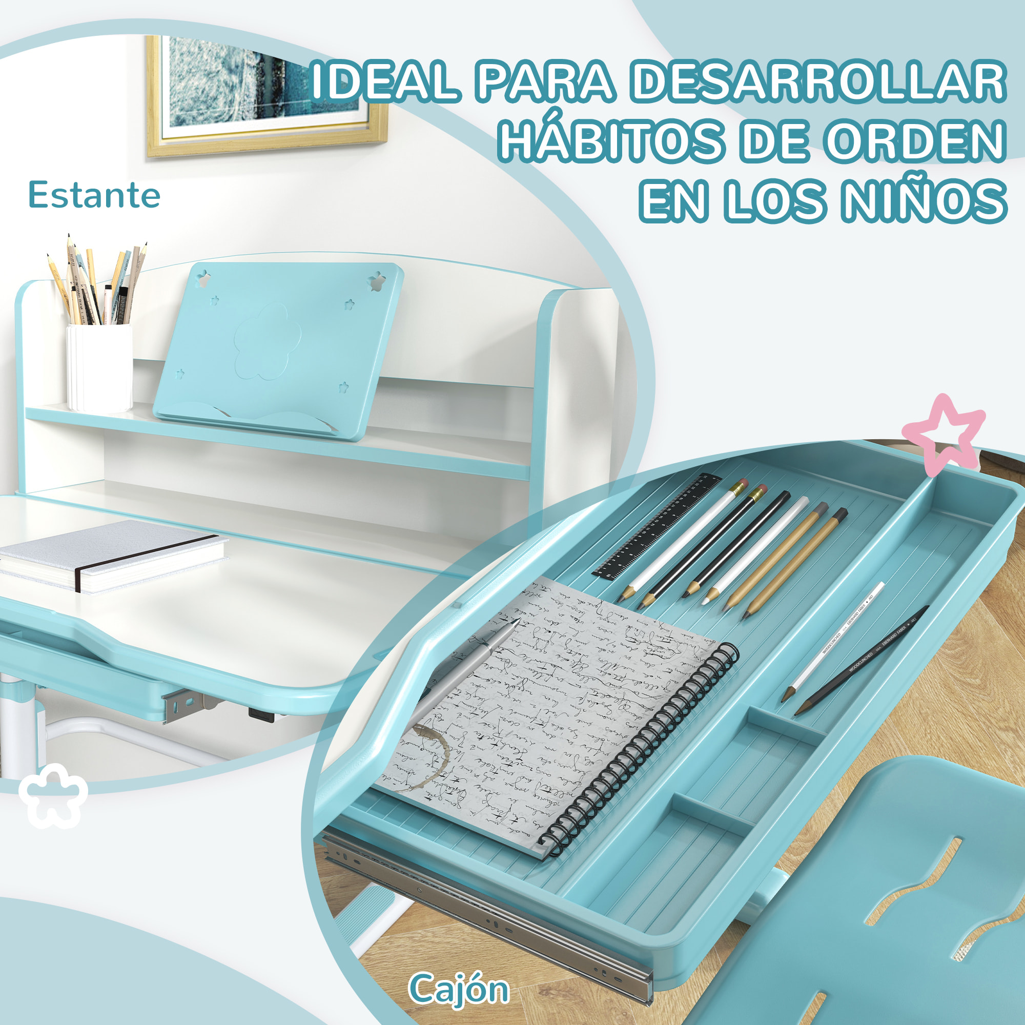 Juego de Escritorio y Silla para Niños de 6-12 Años Pupitre Infantil Altura Ajustable con 1 Cajón 1 Estante para Libros y Ángulo de Mesa Ajustable 80x54,5x82-104 cm Azul y Blanco