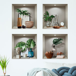 Stickers muraux 3D | Sticker Mural Autocollant effet 3D plantes et objets design - Stickers adhésifs 3D Chambre Salon Trompe l'oeil