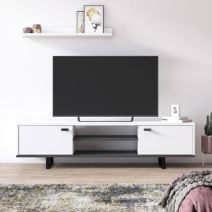 Mobile da soggiorno porta TV con due ante e due ripiani, cm 150 x 35 x 44, colore bianco e antracite