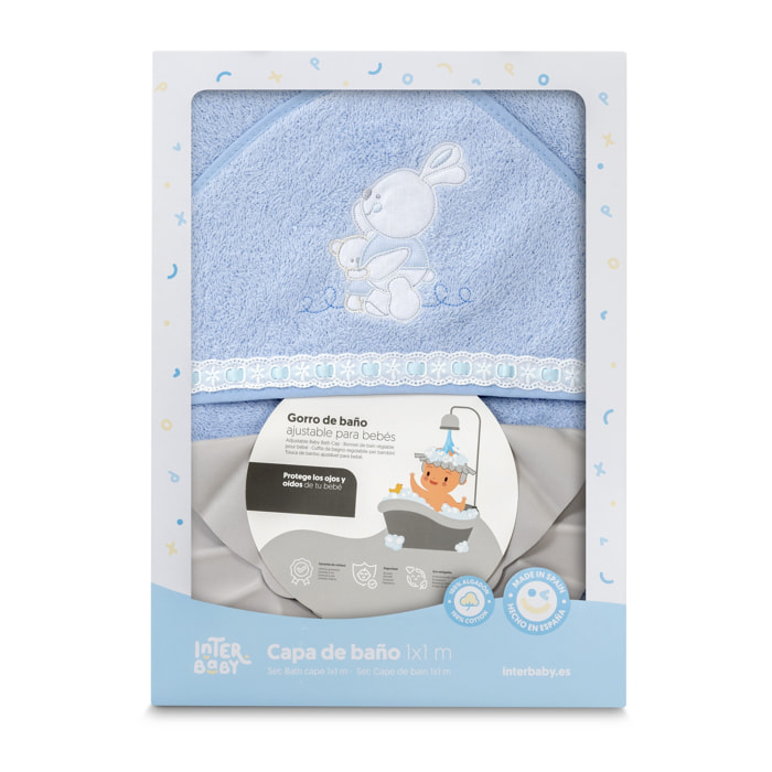 Capa Baño 1X1 Mod Conejitos Abrazos Pasacinta + Gorro Azul