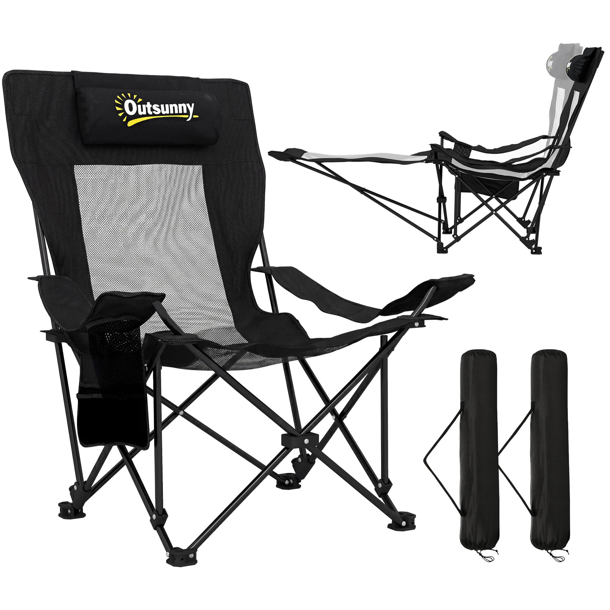 Outsunny Conjunto de 2 Sillas Plegables Camping Tumbonas Camping Portátiles con Respaldo Ajustable 4 Niveles Reposapiés Desmontable Reposacabezas Portavasos Bolsillo Lateral Bolsa Carga 120 kg Negro